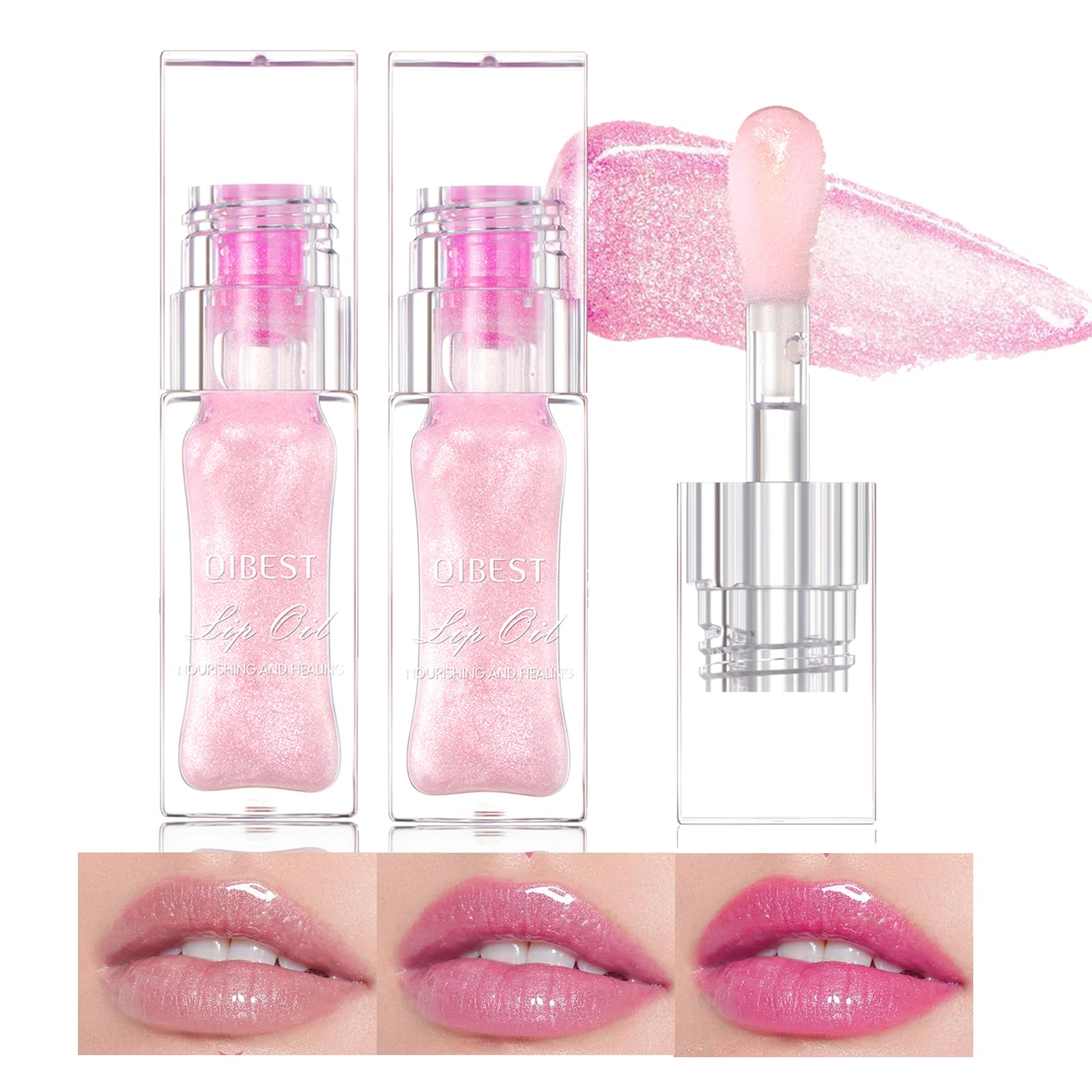 2Pcs Magic Color Changing Lip Oil,Big Brush Head Hydrating Pink Lip Gloss,Moisturizing Lip Oil Set,Smooth Non-Sticky lip glow Oil, Fresh Girl's Lip Care (Pink)