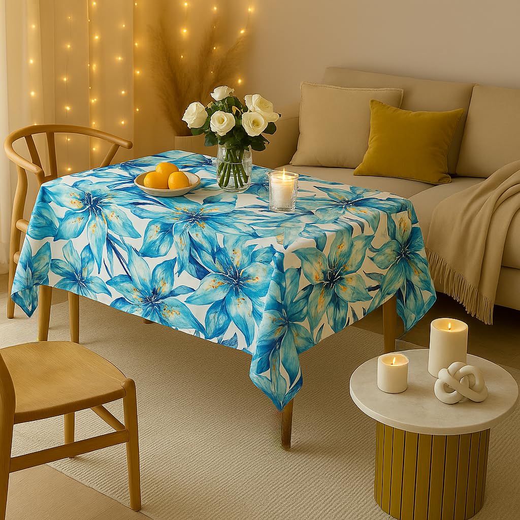WWW.THROWPILLOW.IN Blue Leaves Print Boho Printed Dining Table Cover Rectangle Shape 52"x108", Anti Skid Table Cloth for 7 Feet Center Coffee Table|Living Room Diwali Decor-image-1