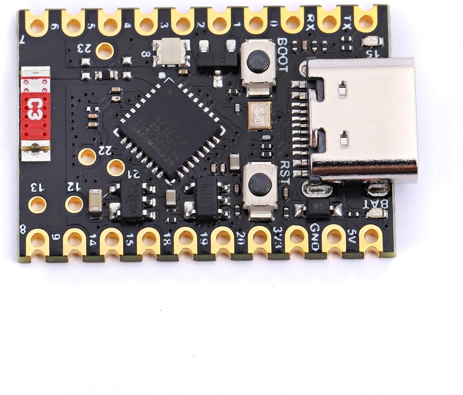 Close-up of Teyleten Robot ESP32-C6 Development Board showing USB-C port and components