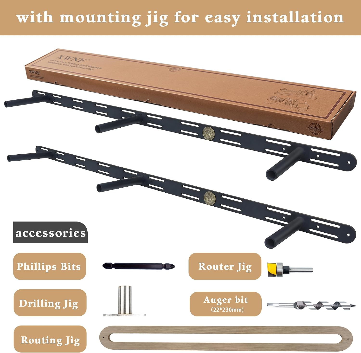42 inch Heavy Duty Floating Shelf Bracket Set of 2,6 Inch Rod Solid Steel Hidden Shelf Brackets for Floating Wood Shelves,Invisible Wall Mount Bracket for Home & Office(42 inch with Build Kit)