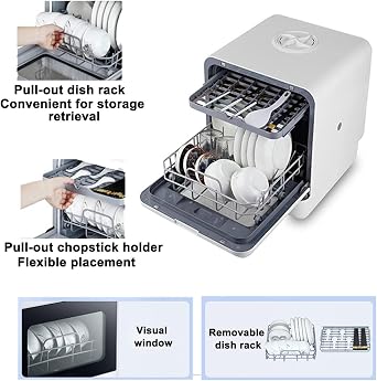 Portable Dishwasher Countertop Countertop Dishwasher with Built-In 5L Tank, Mini Dishwasher for Small Apartments, 3 Wash Programs, Glass Door, Compact Dish Washer for RV Kitchens
