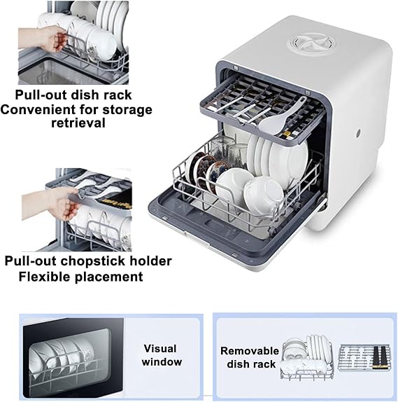 Portable Dishwasher Countertop Countertop Dishwasher with Built-In 5L Tank, Mini Dishwasher for Small Apartments, 3 Wash Programs, Glass Door, Compact Dish Washer for RV Kitchens