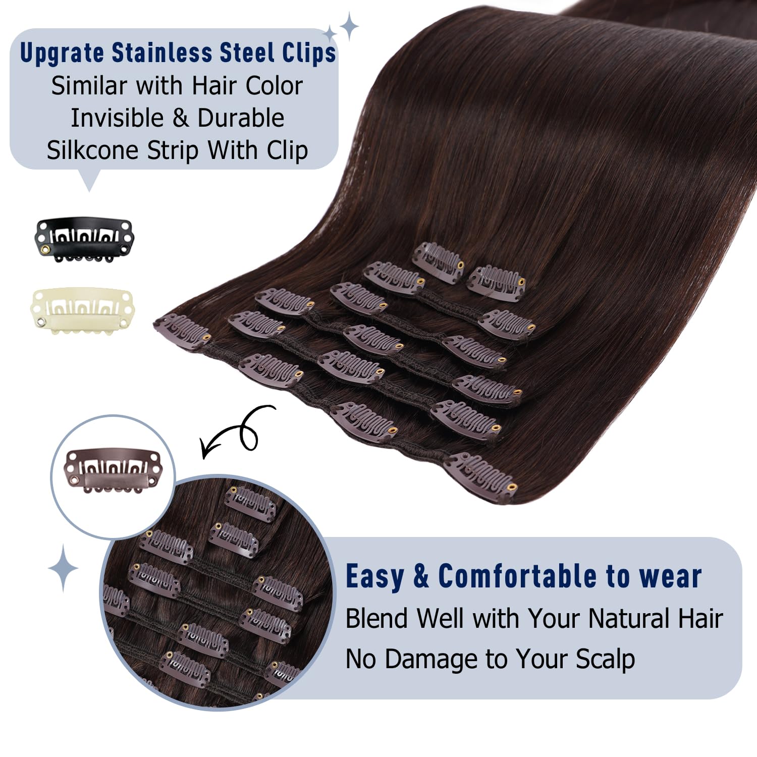 Sunya Clip in Hair Extensions Real Human Hair Dark Brown 12 Inch Double Weft Invisible Seamless Remy 7Pcs 70g - Image 3