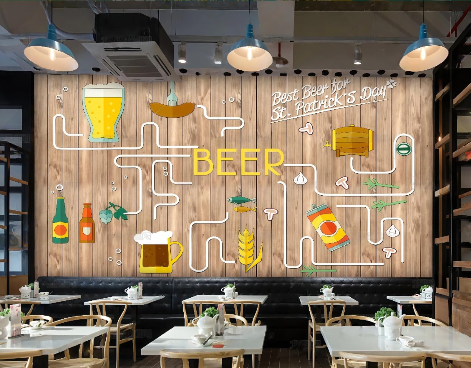 XDOUBAO Wallpaper Fashion Wooden Board Hand-Painted Fried Chicken Burger Snack Bar Afternoon Tea Western Restaurant Background Wall Wallpaper Coffee Shop Mural,3D,200x140cm