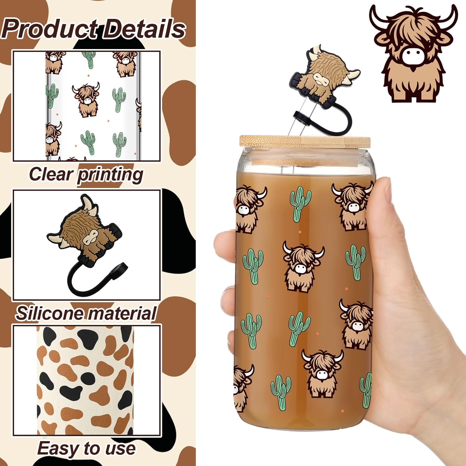 Highland Cow Lovers Coffee Cup Gifts with Straw Stopper and Sleeve, 16 oz Aesthetic Iced Coffee Cup Gifts Box for Cow Lovers Birthday Christmas - Image 3