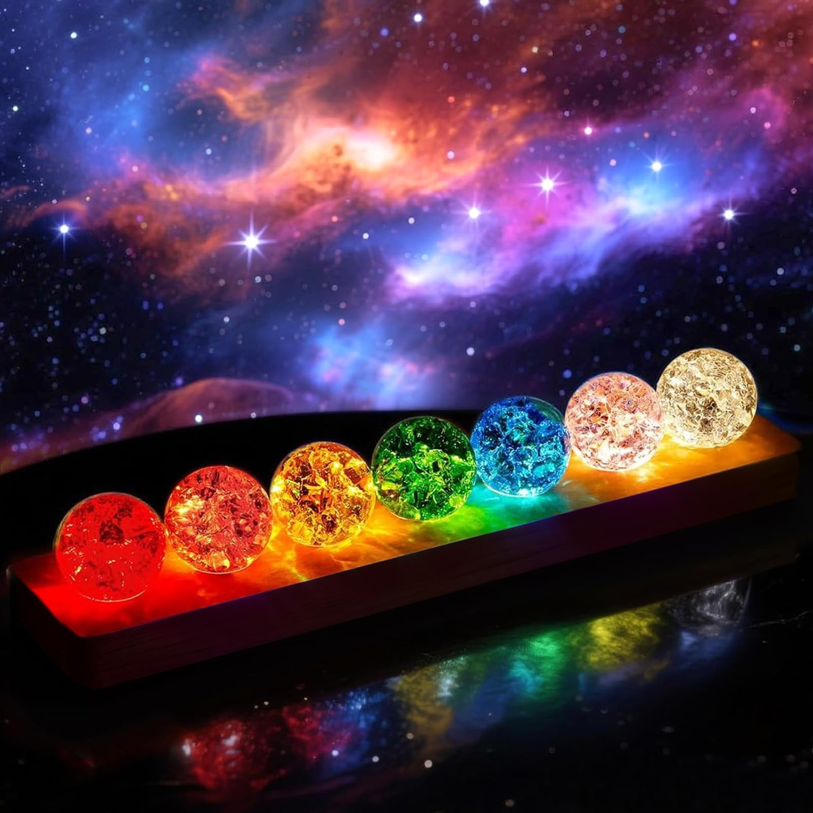 Kryształowa kula nocna 3D, 7 kolorowych szklanych kryształowych kul z drewnianą podstawą LED, 40 mm, kryształowe kule lodowe, kula lecznicza, szklana kula, kryształowa kula, lampka nocna, ornament