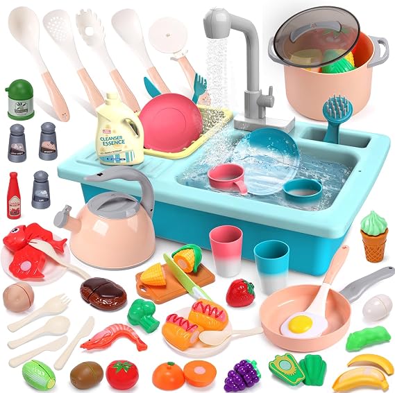 CUTE STONE Color Changing Kitchen Sink Toys, Kids Kitchen Accessories Set with Play Food, Play Pots and Pans, Pretend Role Play Kitchen Toy for Boys Girls