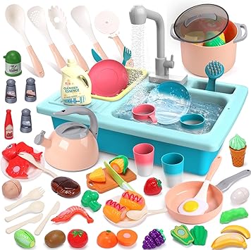 CUTE STONE Color Changing Kitchen Sink Toys, Kids Kitchen Accessories Set with Play Food, Play Pots and Pans, Pretend Role Play Kitchen Toy for Boys Girls