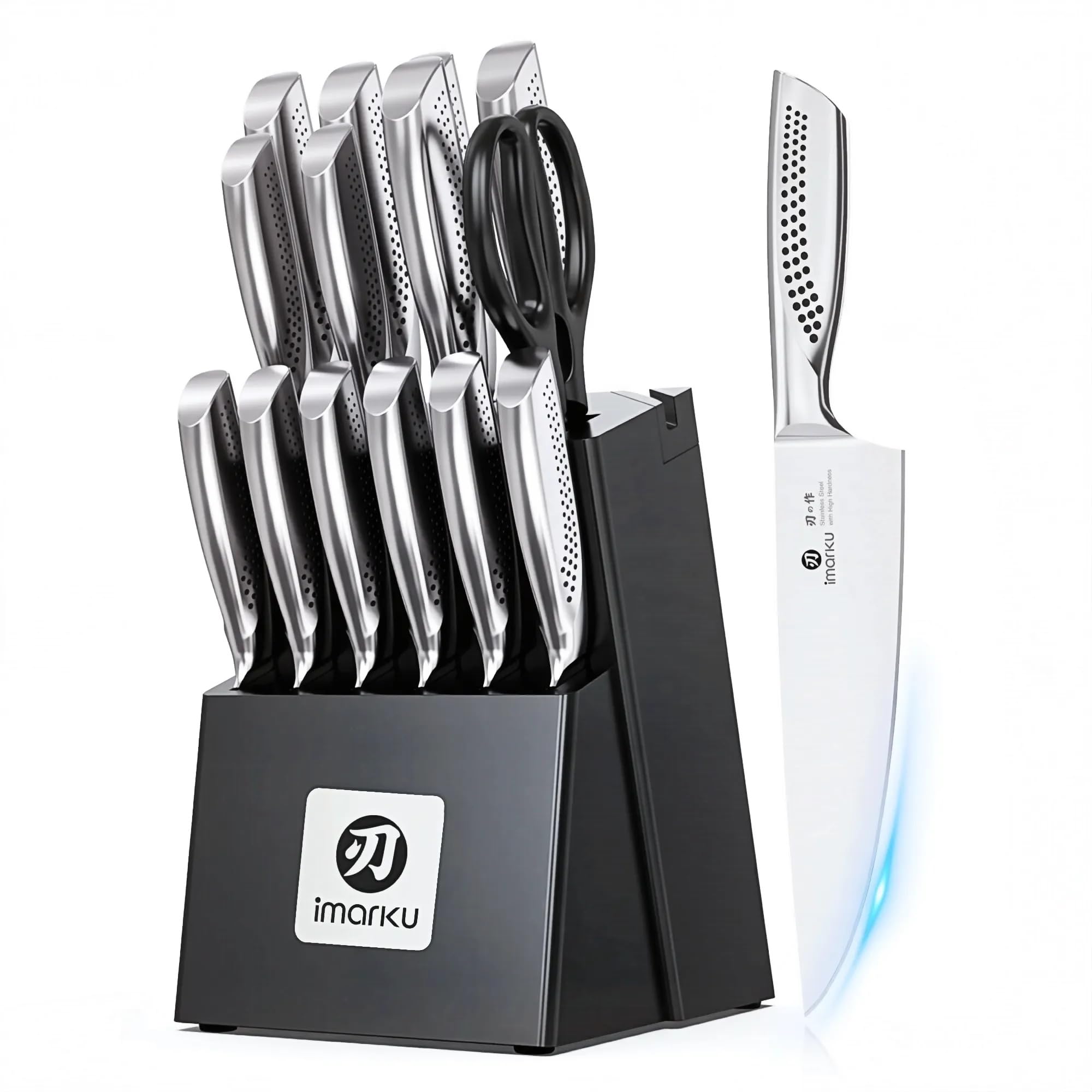imarku 15pc High Carbon Stainless Steel Knife Set with Block &amp; Sharpener