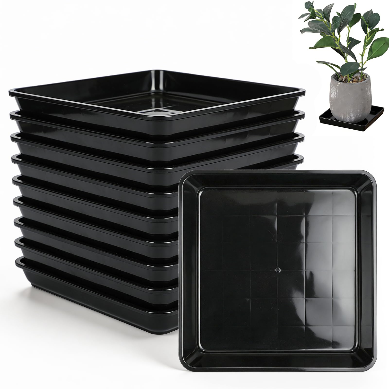 CVASNF 10 Pack Square Plant Pot Saucers, 25cm Plant Pot Trays Black Plastic Trays for Plants for Indoor & Outdoor Plants No-Hole Planter Base for Floor & Garden Protection