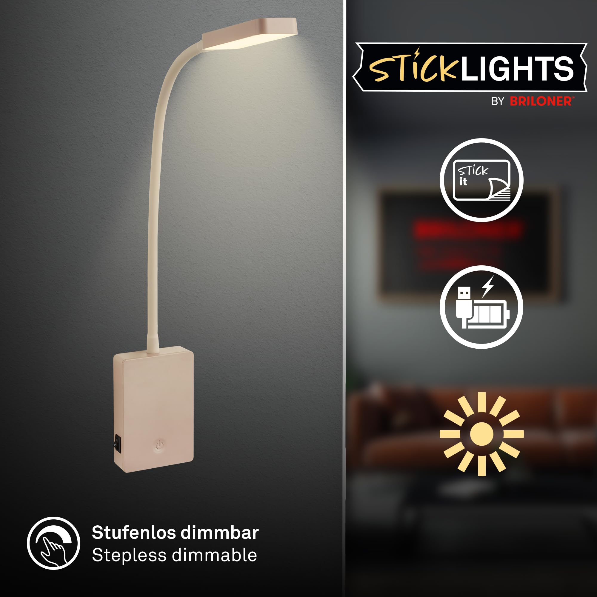 BRILONER - Aplique pared sin cable con batería recargable, táctil, luz blanca cálida, apliques dormitorio, lampara pared, 6x3x50 cm, beige