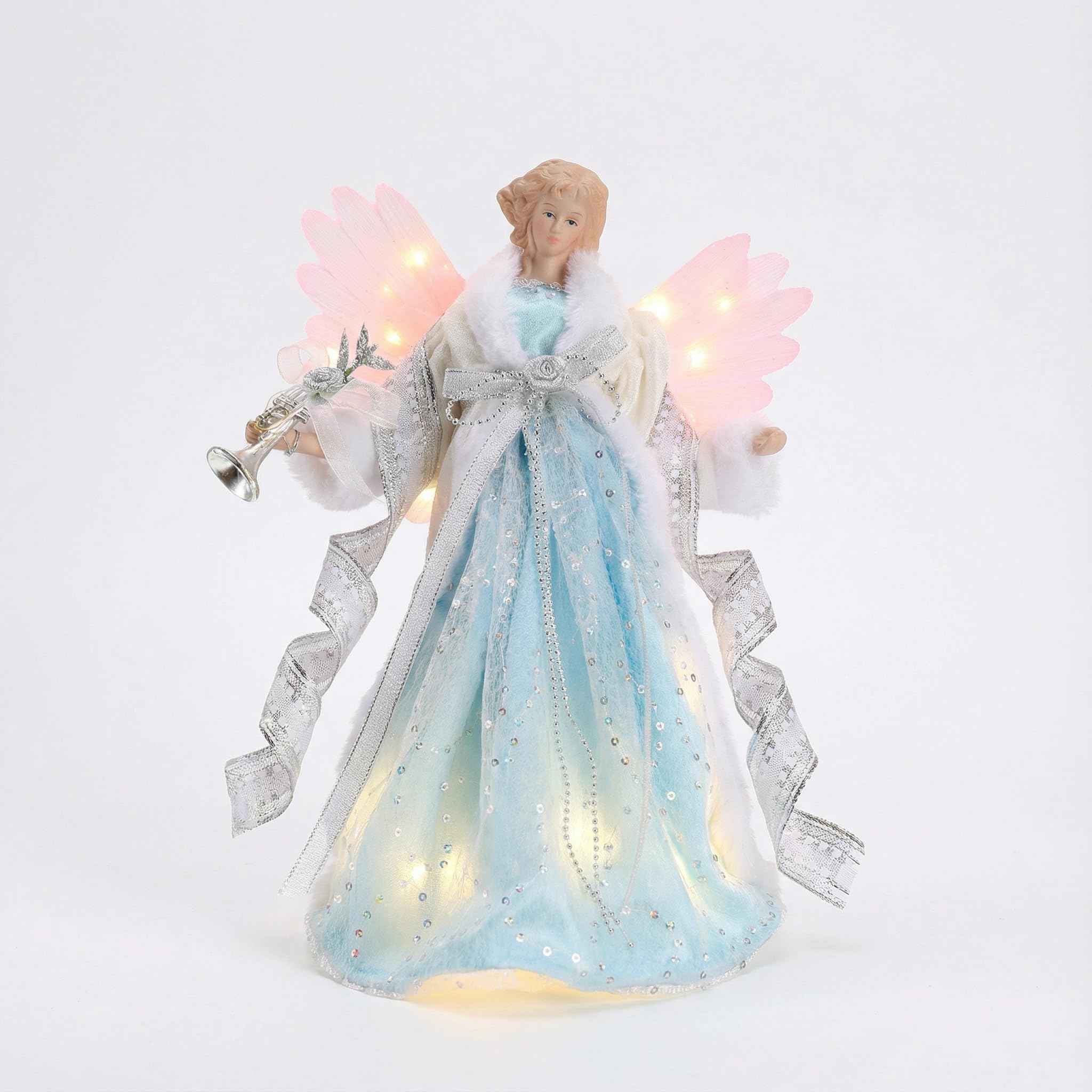 Valery Madelyn Christmas Angel Tree Topper Decorations, Silver and White Angel Tree Top Figurine with Warm LED Lights, Battery Operated for Christmas Tree Decoration, 12Inch/31cm