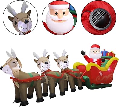 MorTime 9.5 FT Christmas Inflatable Santa Claus on Sleigh Pulled by Three Reindeers with Gift Boxes, Blow up Lighted Yard Decor for Outdoor Decorations