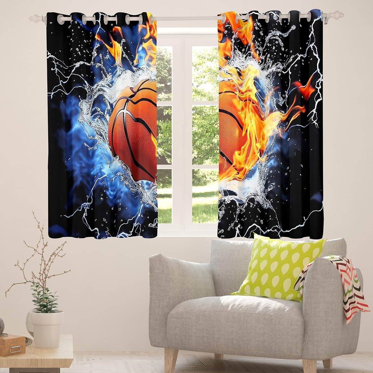 Feelyou Basketball Curtains for Bedroom Living Room (2 Panels, 38 x 45 Inch) Gaming Sports Blackout Curtain Gift for Basketball Lover Darkening Drapes Ball Games Window Treatments Orange Black image 4