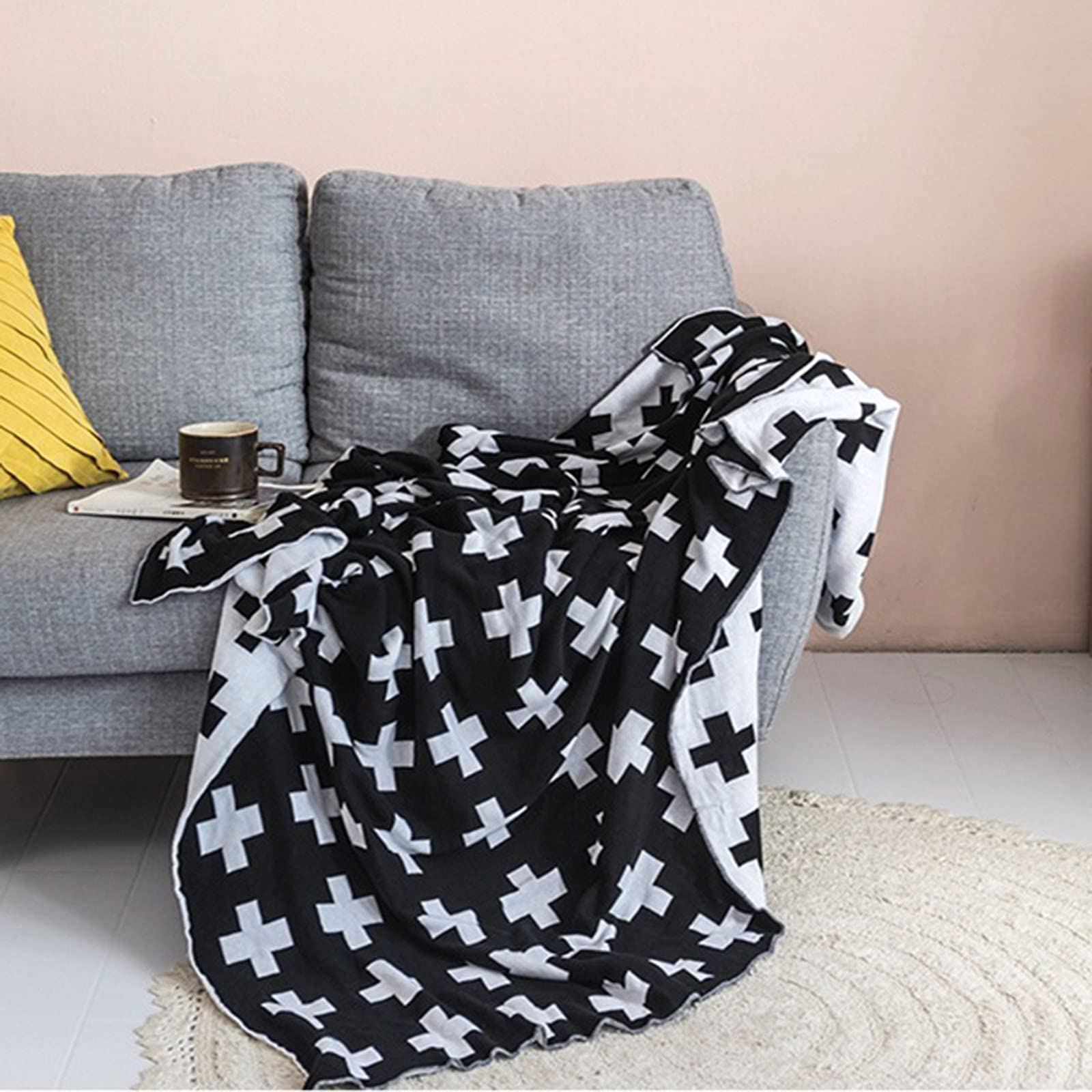Wendbare Decke aus 100 % Baumwolle, für Sofas, Sofas, Sofas, 90 x 110 cm, gemütlich, warm, doppelseitig, Schwarz und Weiß, Design für Kinder, Sofa, Bett, Couch (2,90 x 110 cm)