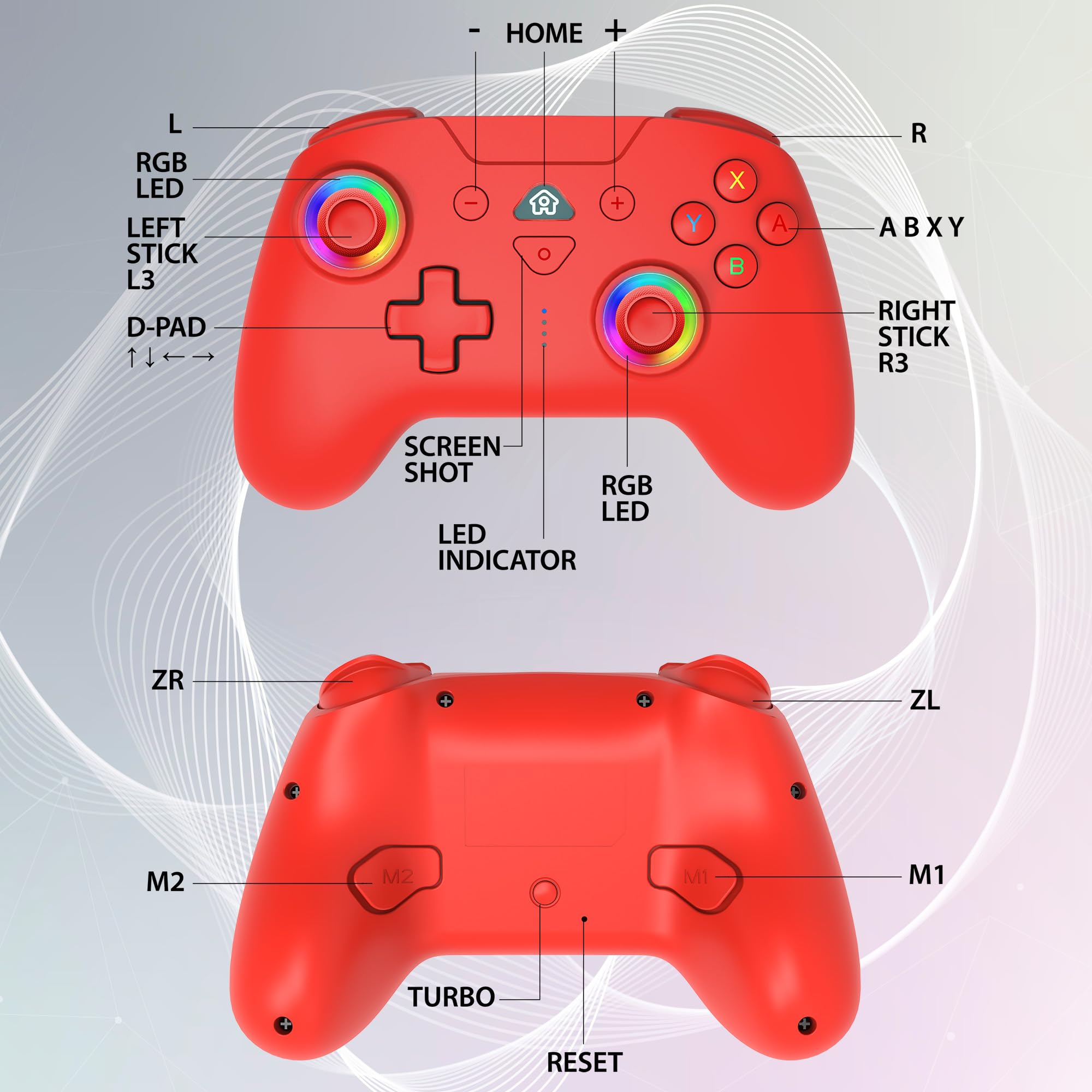 Subsonic - Manette sans Fil pour Switch 2 / Switch - Manette Rouge Bluetooth avec LED, Vibrations et Gyroscope - Rouge - 2