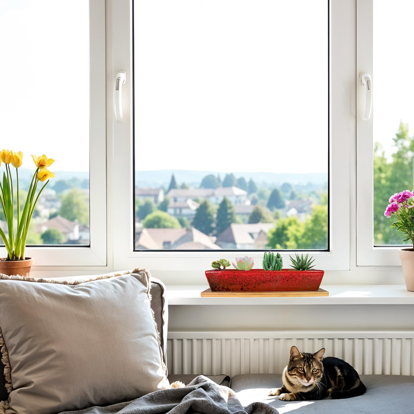 ARTKETTY Succulent Pots, 9.8 Inch Ceramic Succulent Planters with Drainage Small Bonsai Pot with Bamboo Tray, Mini Cactus Flower Planter Pot Shallow Rectangular Window Planters for Indoor Plants