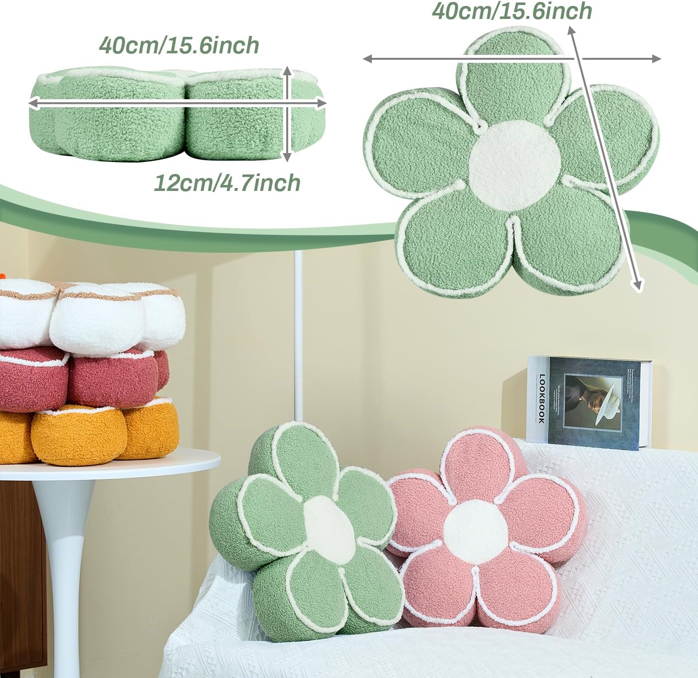 Sioloc Flower Shaped Pillow Daisy Pillows Floor Cushion Pastel Cute Seat Cushions Aesthetic Classroom Dorm Decorative Fun Throw Pillow for Bed,Couch(Sage Green,15.7") - Image 2