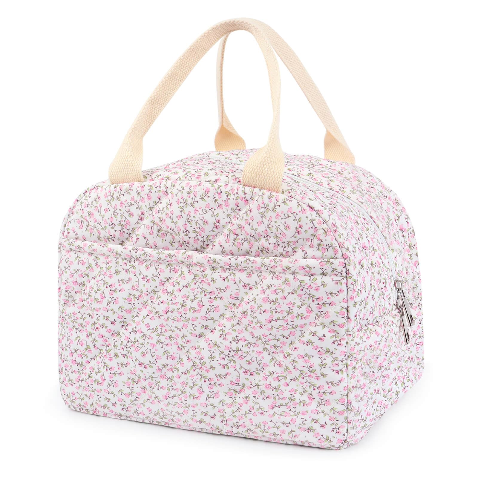 Cotton Quilted Insulated Lunch Bag, Cute Quilted Floral Lunch Tote Bags Reusable Insulated Lunch Box Coquette Aesthetic Large Capacity Insulated Cooler for Women Men Work Travel Picnic (Pink)