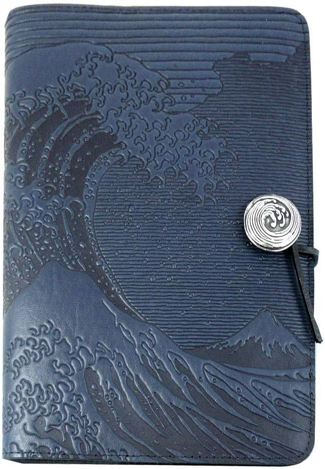 Modern Artisans Hokusai Wave American-Made Embossed Leather Writing Journal Cover, Navy Blue, 6 x 9-inch + Refillable A5 Hard Bound Insert Book