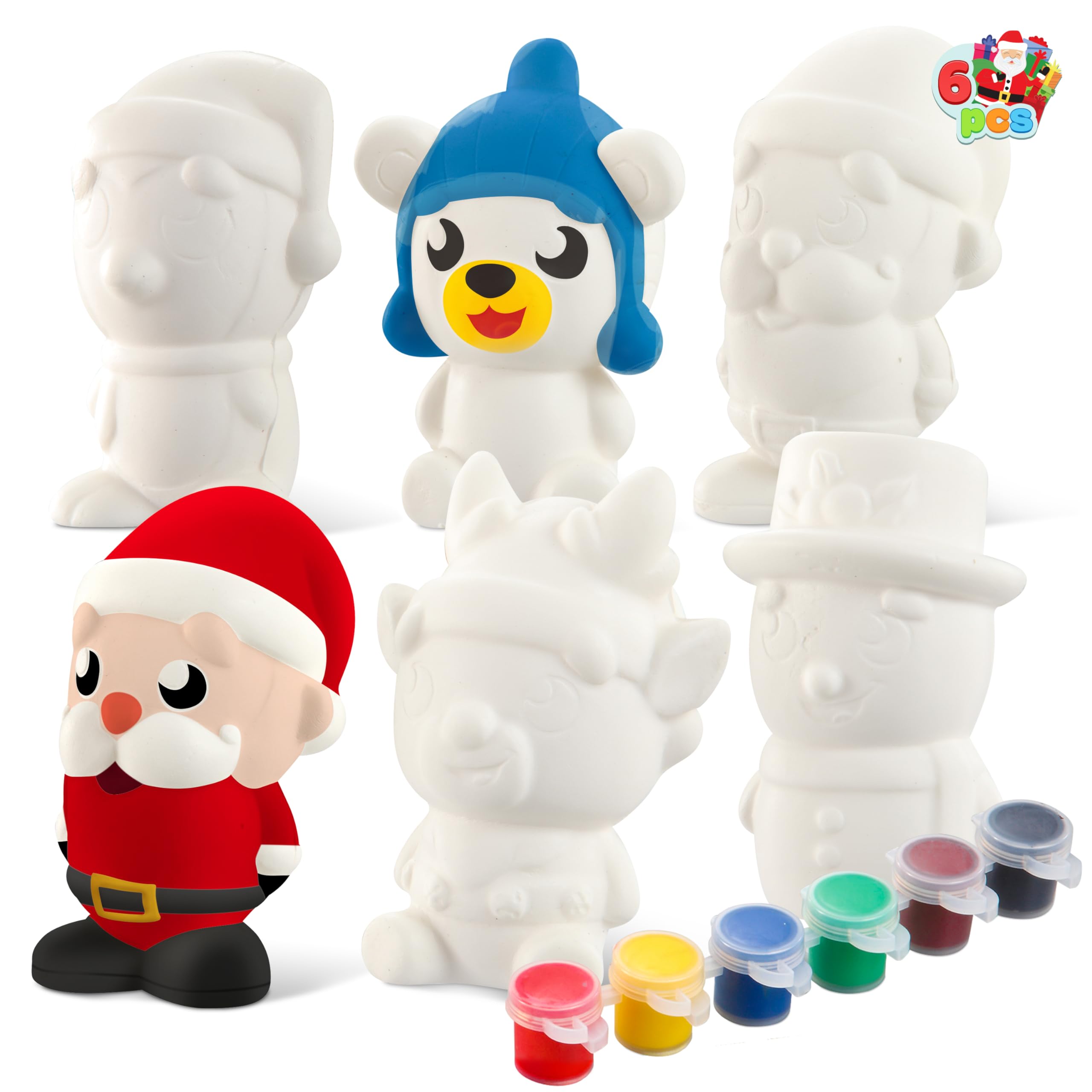 JOYIN Christmas Squishy Toy Coloring Craft Kit Slow Rising with 6 Different Characters, 3 Paints and Paint Tubs. Art & Craft Kit DIY Toy Set Make Your Own Christmas Squishy Toy Friends