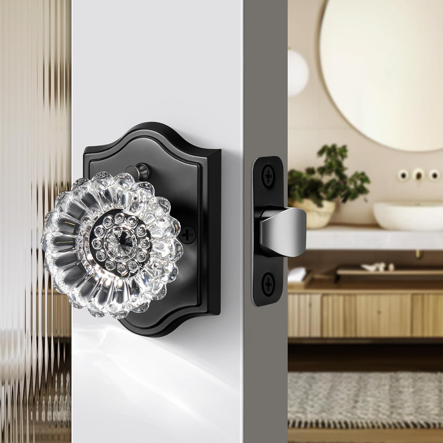 Privacy Crystal Door Knob, Plum Design Crystal Door Knob with Privacy Lock, Vintage Glass Doorknob Interior for Bathroom Bedroom, Matte Black