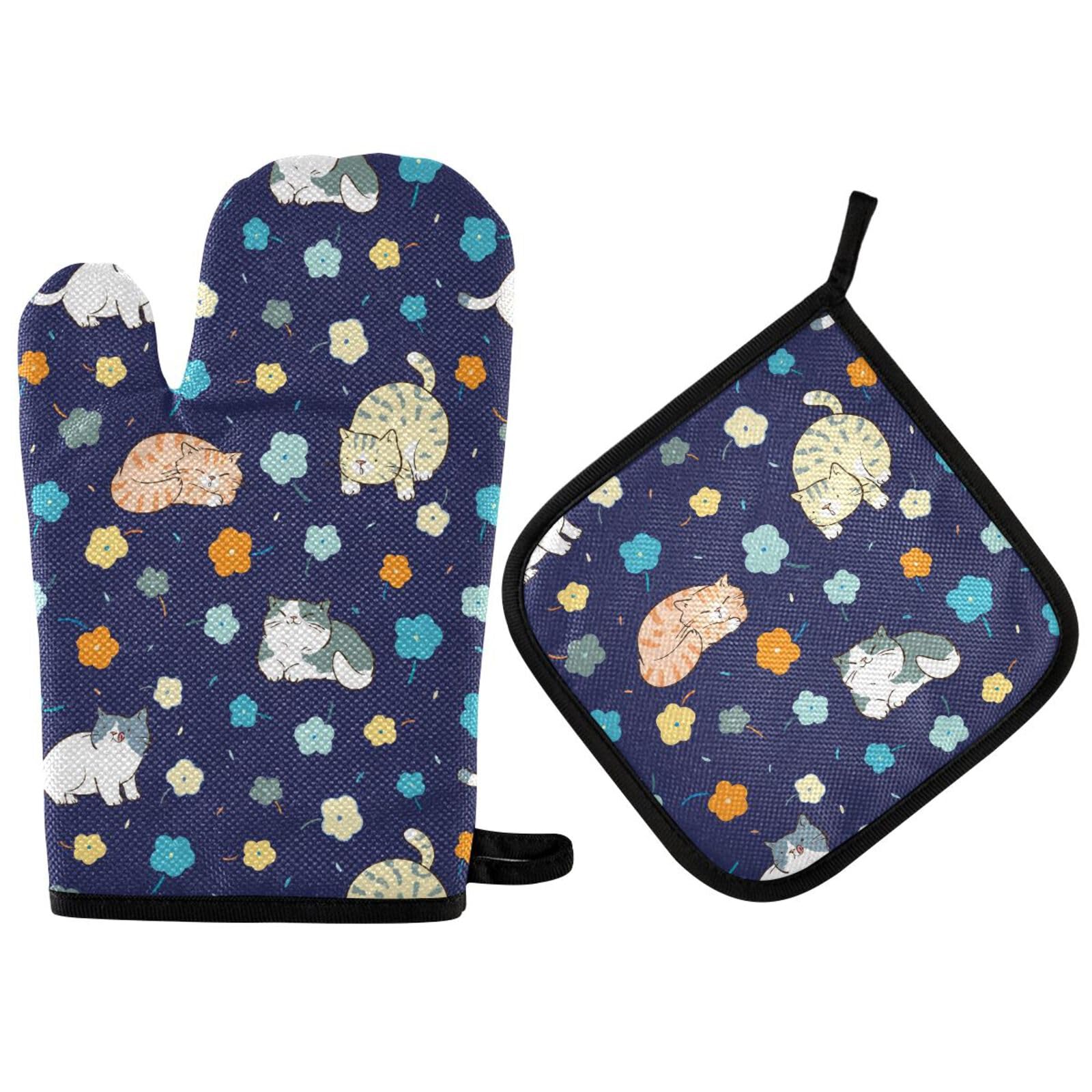 Kitten Cat Flowers Oven Mitts and Pot Holders Set of 2 Heat Resistant Non-Slip Kitchen Gloves for Cooking Baking Barbecue Grilling