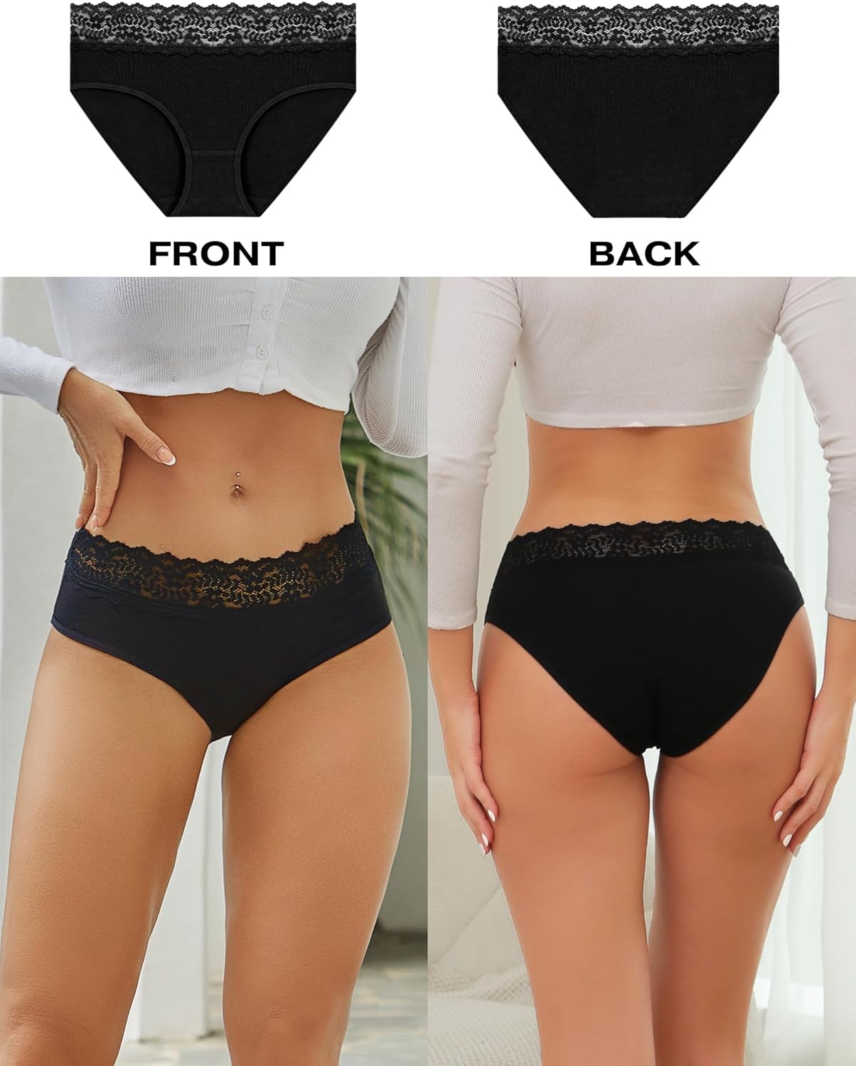 ROSYCORAL Cotton Underwear for Women Lace Trim Briefs Soft Low Rise Ladies Stretchy Hipster Bikini Panties 5 Pack - Image 2