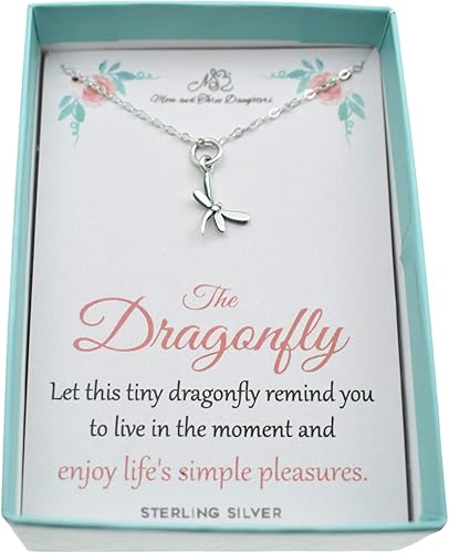 Collar de libélula pequeña en plata de ley 925 para ella. Cadena de 16 pulgadas. Regalos para mujeres. Colgante de libélula. Vive en el momento.