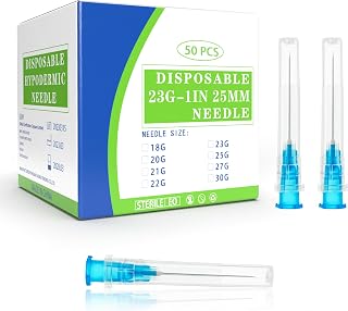 23 Gauge 1 Inch Disposable Needles with Caps - Luer Lock Lab Dispensing Accessories Individually Wrapped, Box of 50