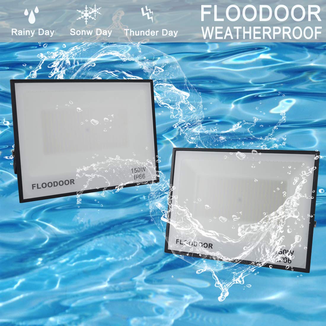 Floodoor 150W LED Flood Light Outdoor, 15,000lm Super Bright floodlights,IP66 Waterproof Security Lights White Light with Plugs for Garden Playground Court,Yard,Rooftop,Stadium(2 Pack)