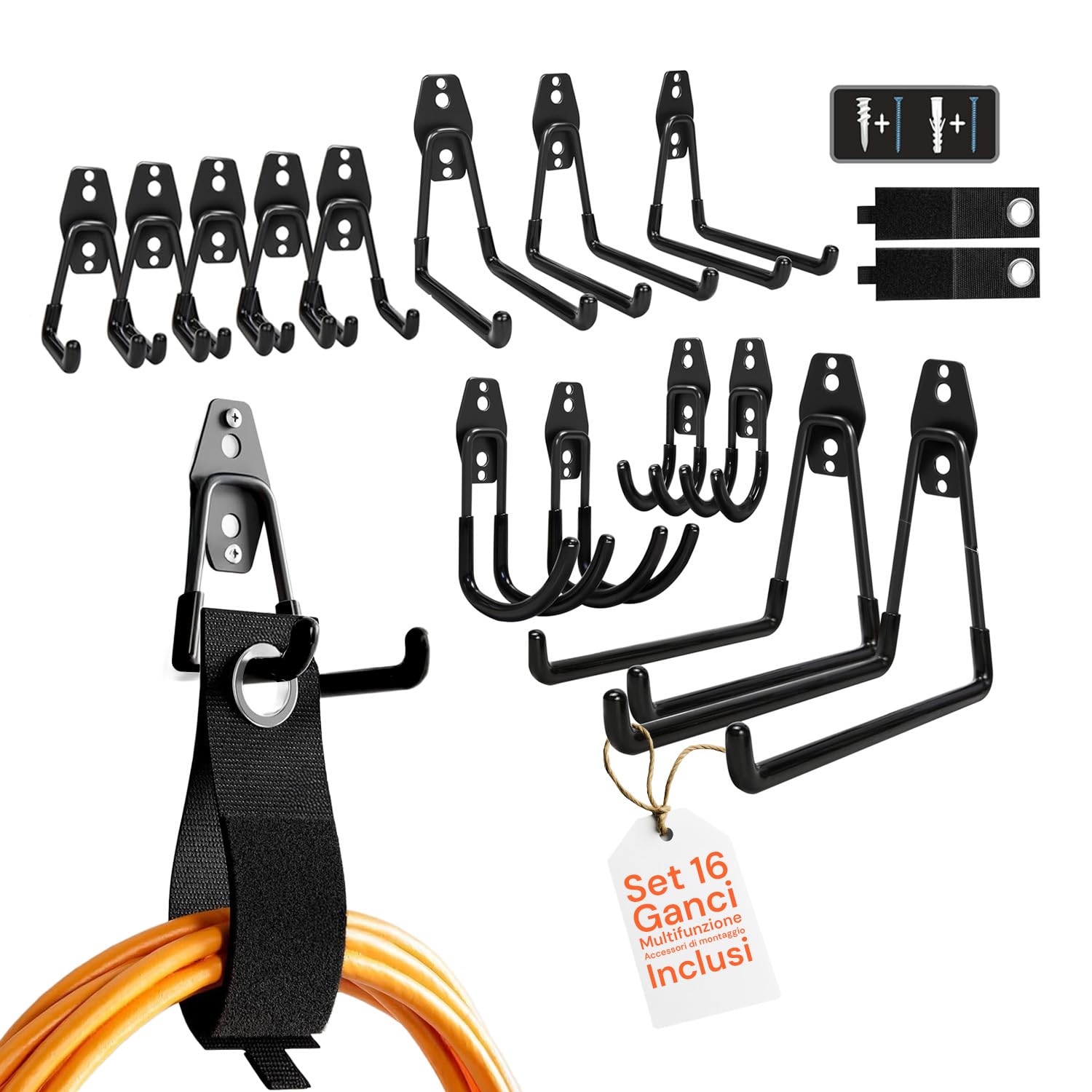Set 16 Ganci da Parete per Garage e Officina – Porta Bici da Muro, Portabici e Porta Attrezzi da Giardino in Acciaio con Rivestimento PVC Antiscivolo – Organizer Garage Salvaspazio