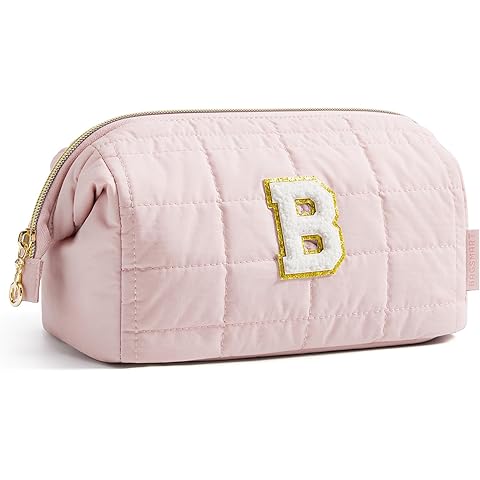 BAGSMART Birthday Gifts Personalized Initial Makeup Bag, Trendy Stuff Gifts for Women Bridesmaid Graduation, Puffy Padded Make Up Bags for Women, Wide-open Toiletry Bag, Pink B