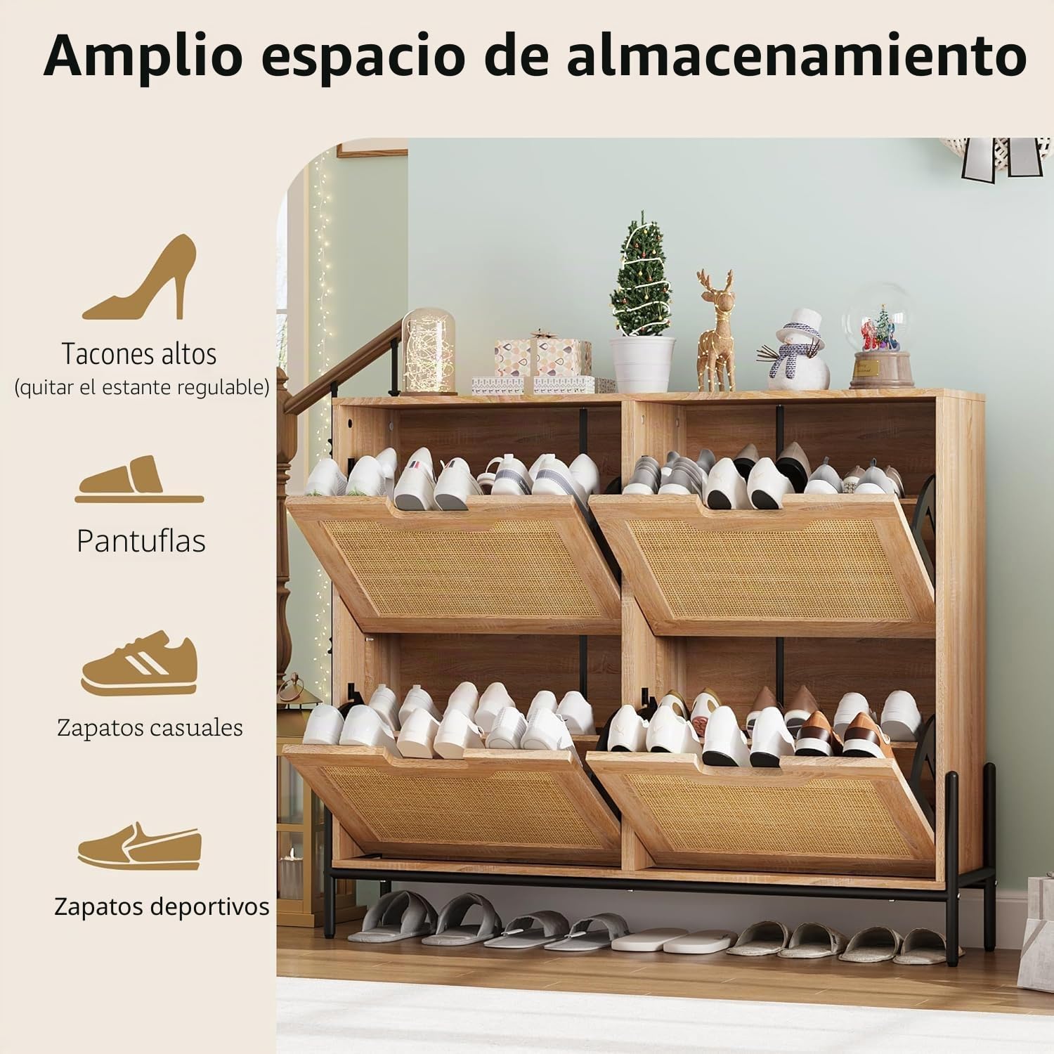 Garvee Zapatero Estrecho con 4 Solapas, de Madera con Puertas de Rattán | Mueble Zapatero Abatible, Estantes Regulables, Apto para Botas, Ideal para Entrada, Salón, Pasillo, 100 x 24 x 88 cm, Roble