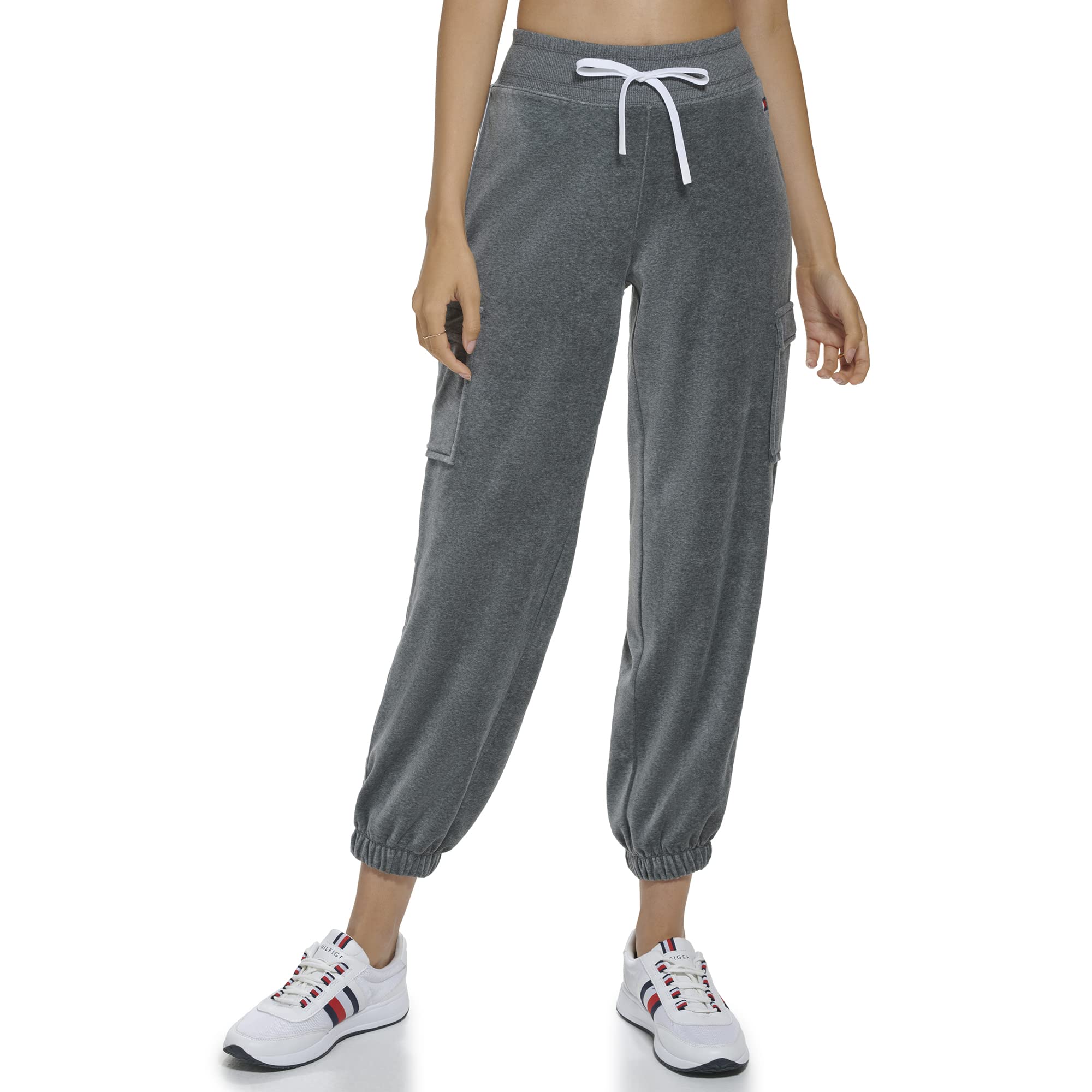 Tommy Hilfiger Damen-Cargo-Taschen aus Velourstoff, gerippter Bund mit Kordelzug, Geister-Logo-Taping