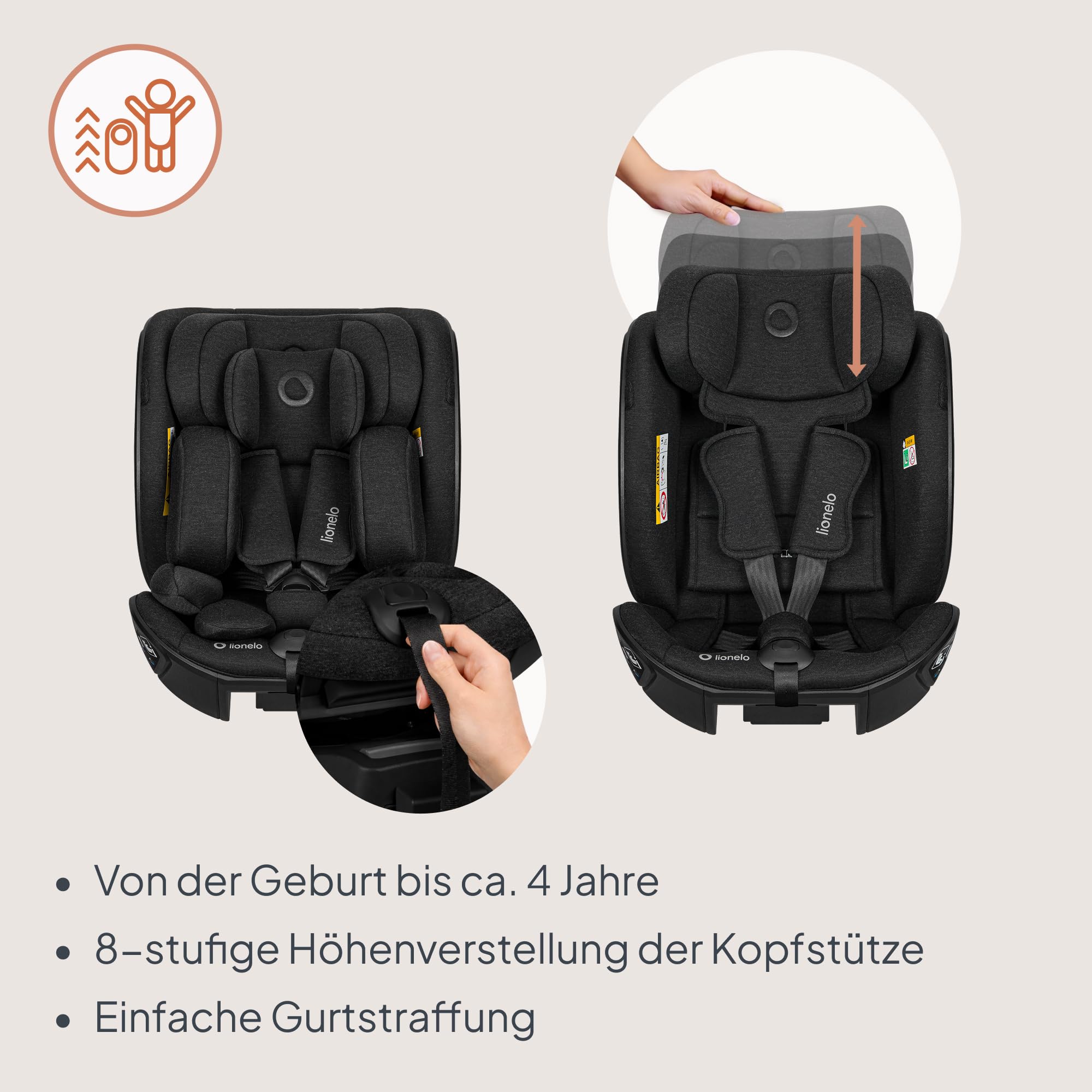 Lionelo Moxie Next i-Size Kindersitz 40–105 cm (0–4 Jahre) ISOFIX, RWF/FWF | Für Babys & Kinder, 360° Drehbar Mit Basis Kompatibel, SIP Seitenaufprallschutz, Verstellbar, Modulares System, ECE R129