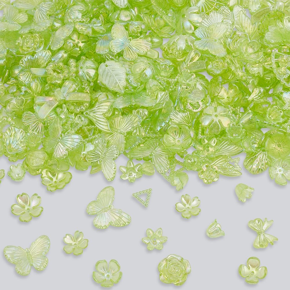 1 Box 200g Green Assorted Acrylic Beads Kawaii Acrylic Aesthetic Beads Set About 363Pcs AB Color Cute Flower Leaf Butterfly Bow Charms for Spring Summer DIY Jewelry Bracelets Phone Charm