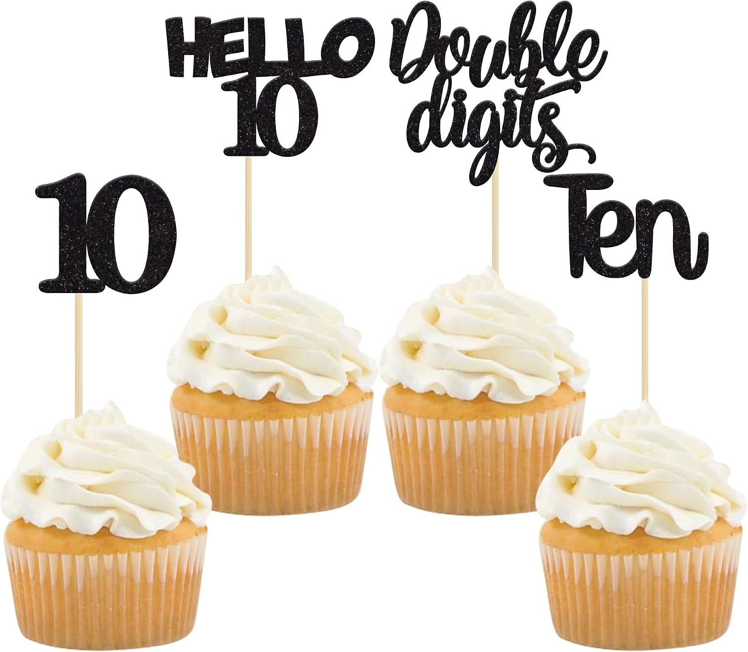 Gyufise 24Pcs Black Glitter 10th Birthday Cupcake Toppers Double Digits Cupcake Toppers Hello 10 Ten Cupcake Picks for 10th Birthday Party Cake Decorations Supplies