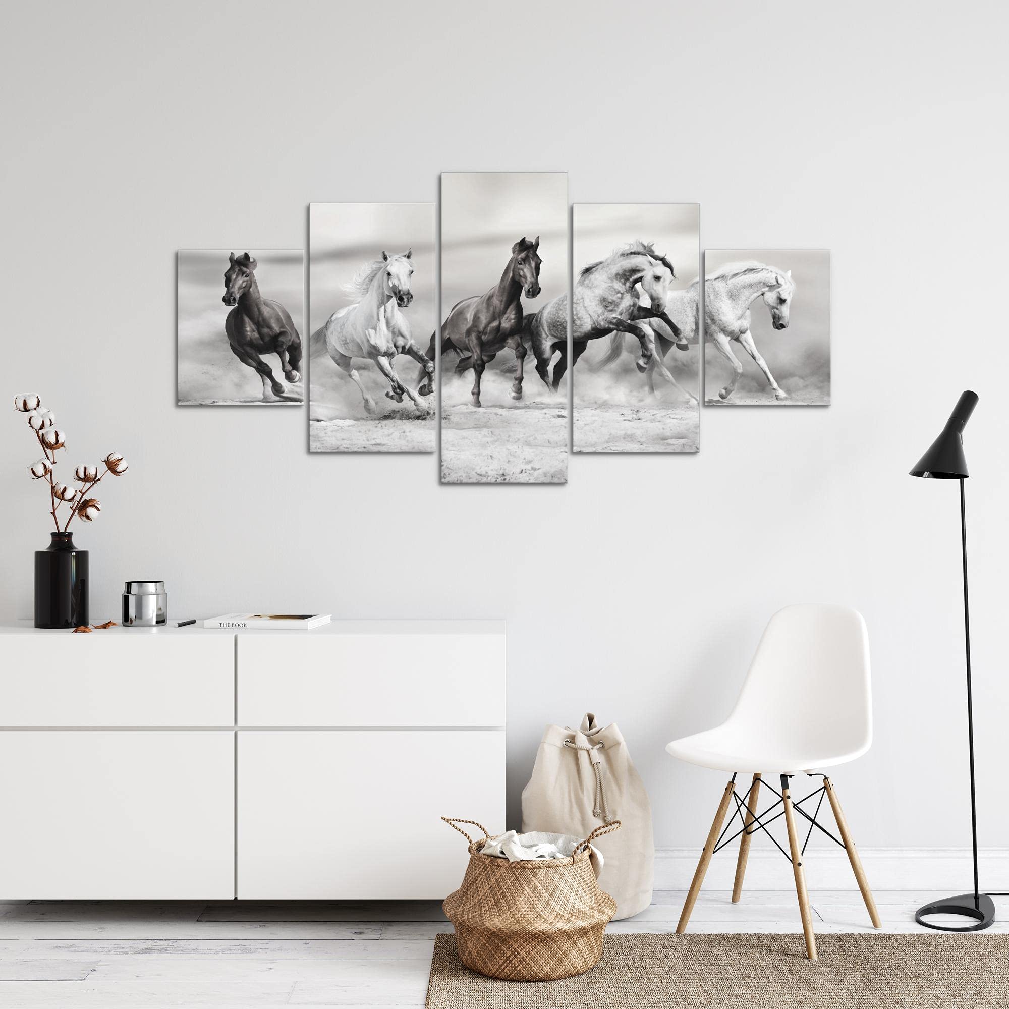 Runa Art - Quadri Cavalli 200 x 100 cm 5 Pezzi XXL Decorazione Murale Design Bianco e Nero 014151c