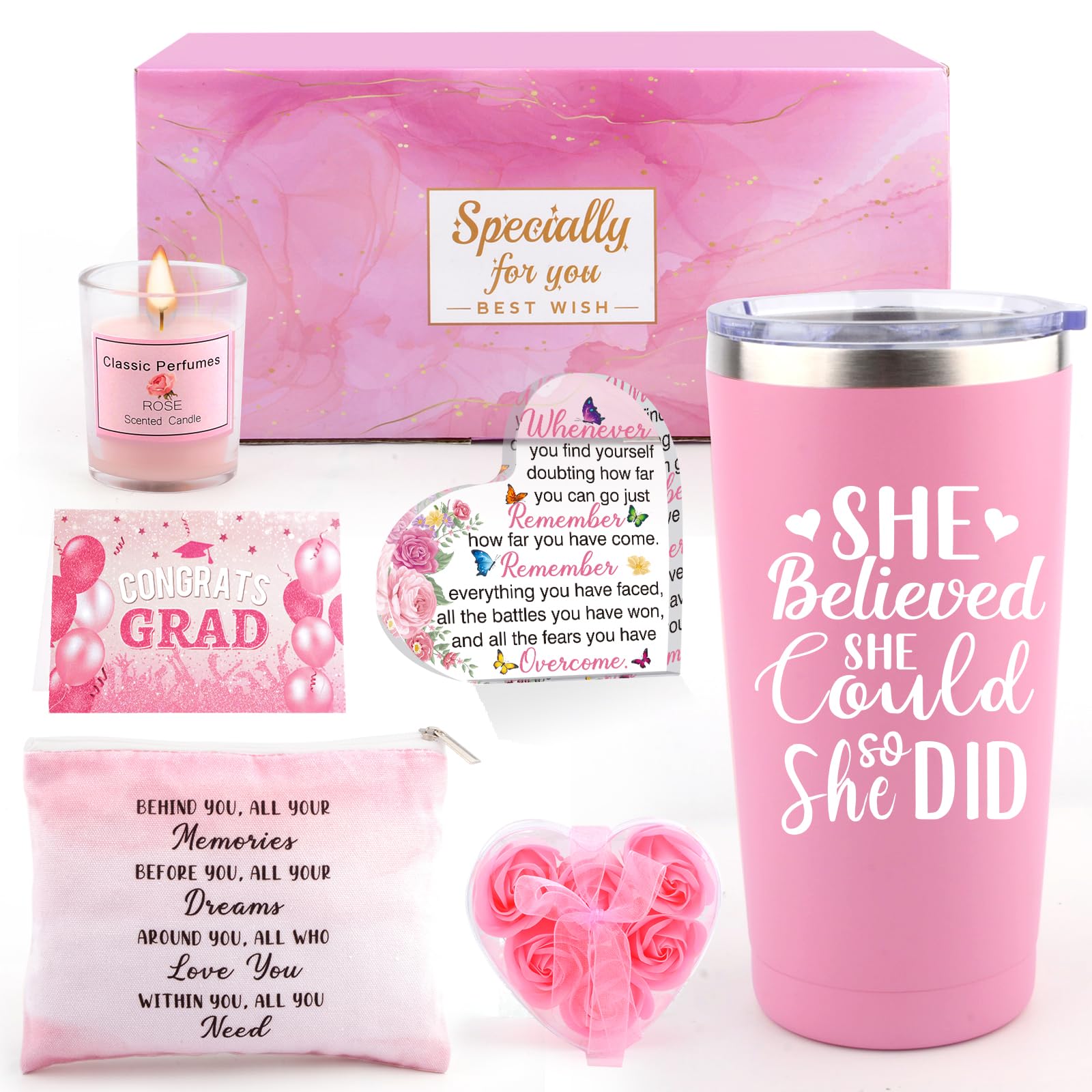Graduation Gift for Her 2026, 8-in-1 Congratulations Gifts for Women with 20oz Insulated Tumbler, Rose-Scented Candle, Makeup Bag, High School/College Graduation Gifts for Daughter Sister Friend