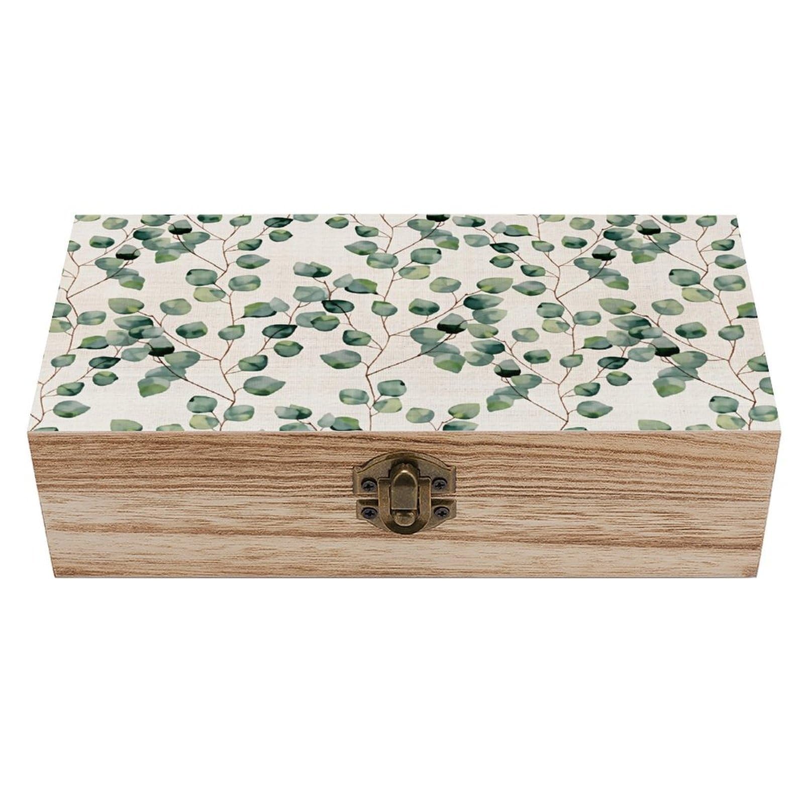 HLBSDM Green Leaves Vintage Wooden Keepsake Box with Hinged Lid And Locking Clasp, Decorative Storage Box for Jewelry, Trinkets And Small Accessories, Organizer for Home Or Wedding