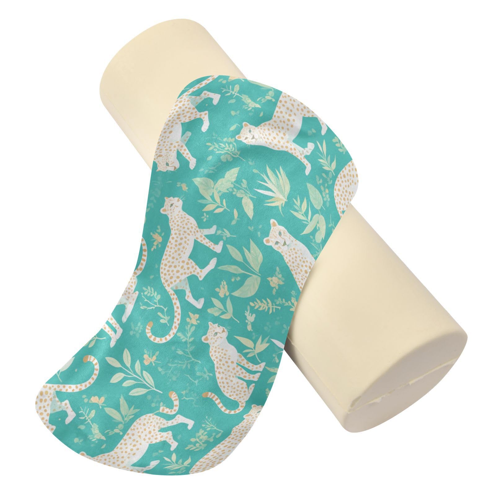 miaozhen Cartoon Jungle Cheetah Turquoise Cervical Neck Roll Pillow Round Pillow Forms cojin para el Cuello 5.5''x17''