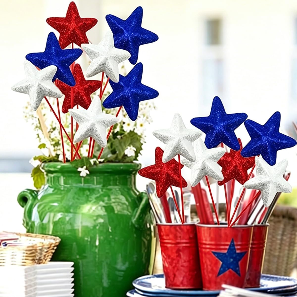 12 Pcs 4th of July Glitter Puffy Star Picks Red White Blue Patriotic Decor Foam Star Sticks for Independence Day Memorial Day National Day Party Table Centerpieces Decoration