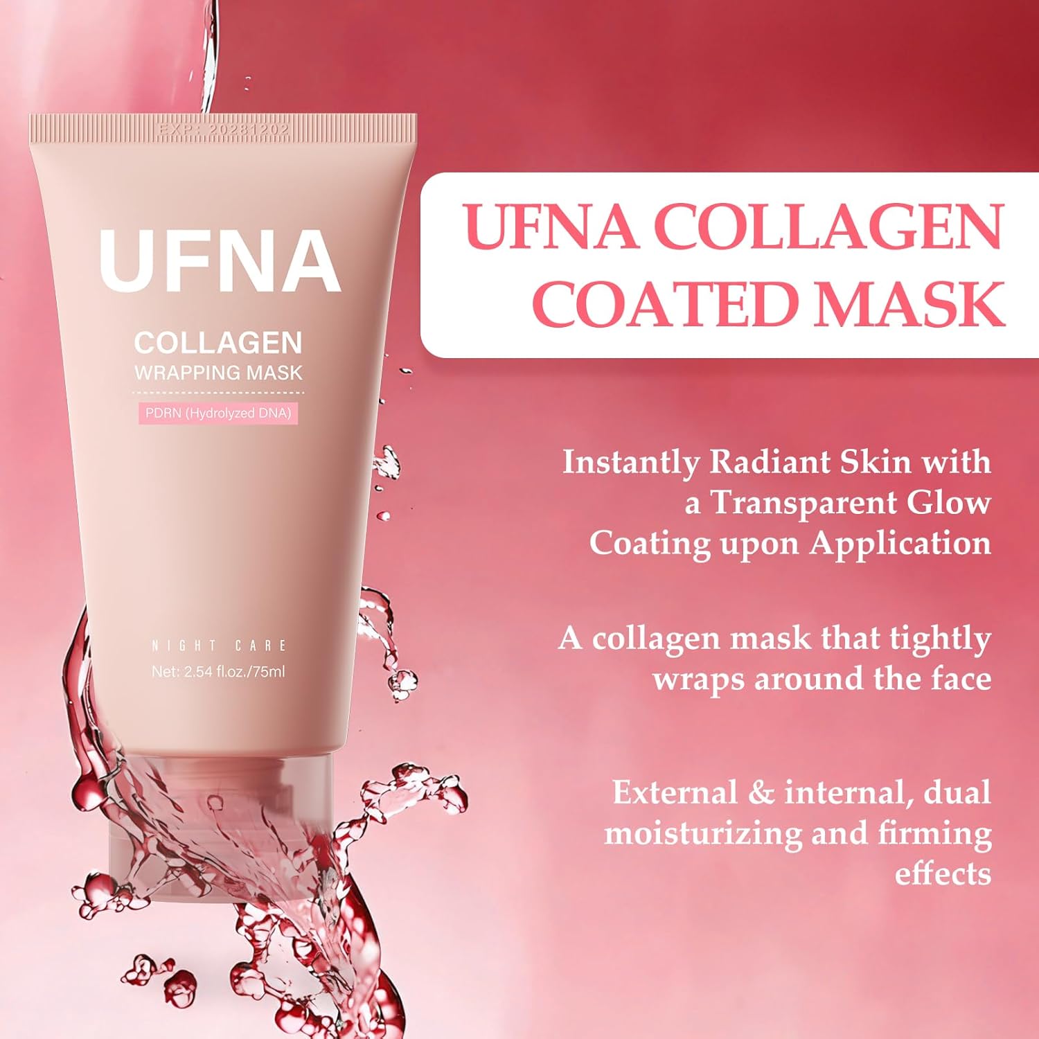 Collagen Face Mask - Overnight Wrapping Mask - Facial Firming, Elasticity & Hydration - Hydrolyzed Sodium + Panthenol +Niacinamide for Reduce Dullness & Promote Smoother Skin Texture - 75ml