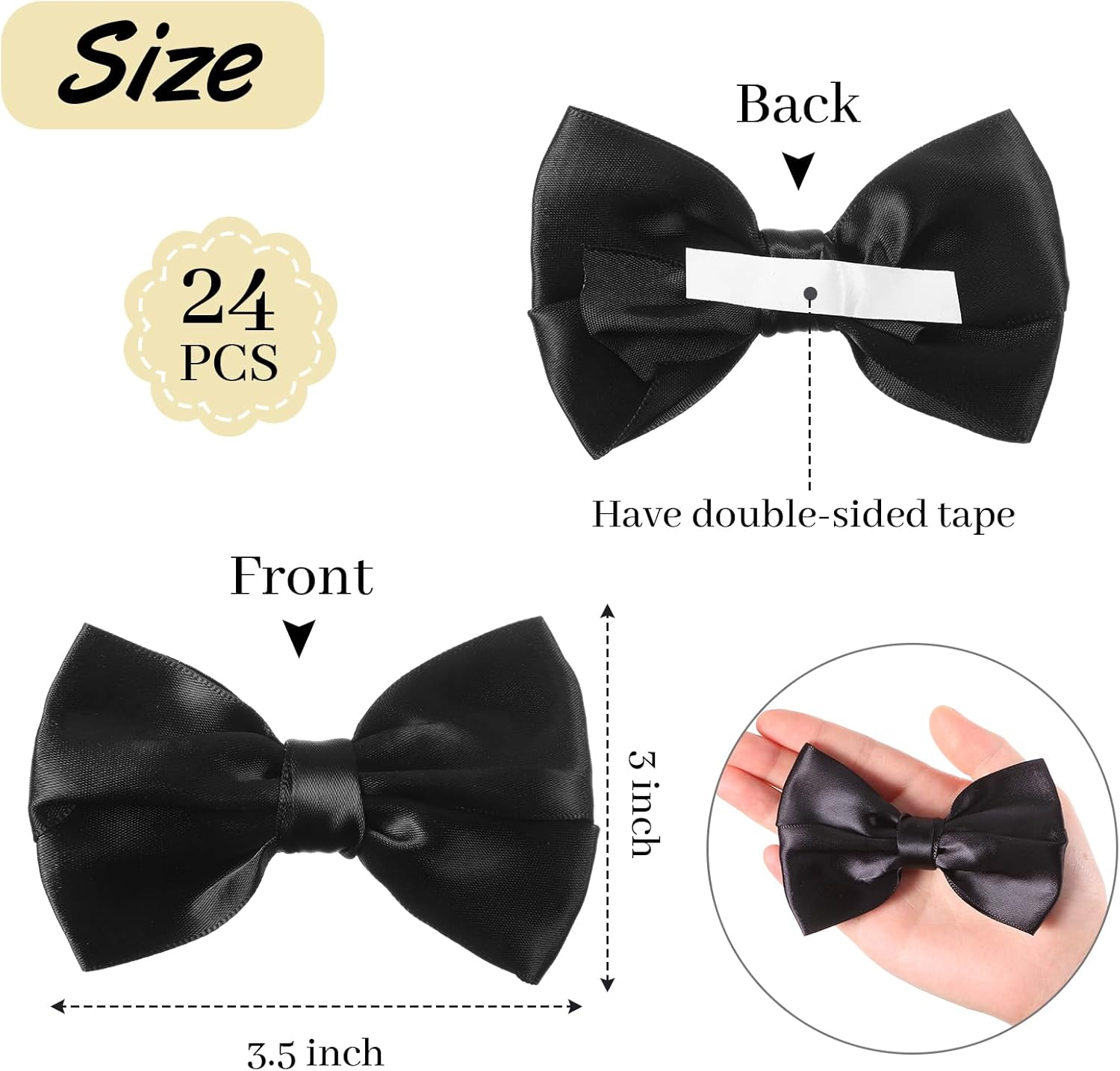 Riceshoot 24 Pcs Satin Ribbon Bows 3.5" Self Adhesive Satin Bows Gift Wrapping Stick on Premade Ribbon Bow with Double Sided Tape for Making Crafts Baby Shower Party Wedding Decor(Black) - Image 3