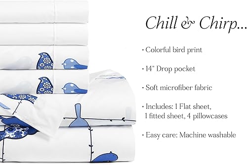 Miniatura 8 de Lush Decor Rowley Birds - Juego de sábanas suaves, juego de 6 piezas, tamaño King, azul marino, sábanas coloridas de pájaros, sábanas azul marino,