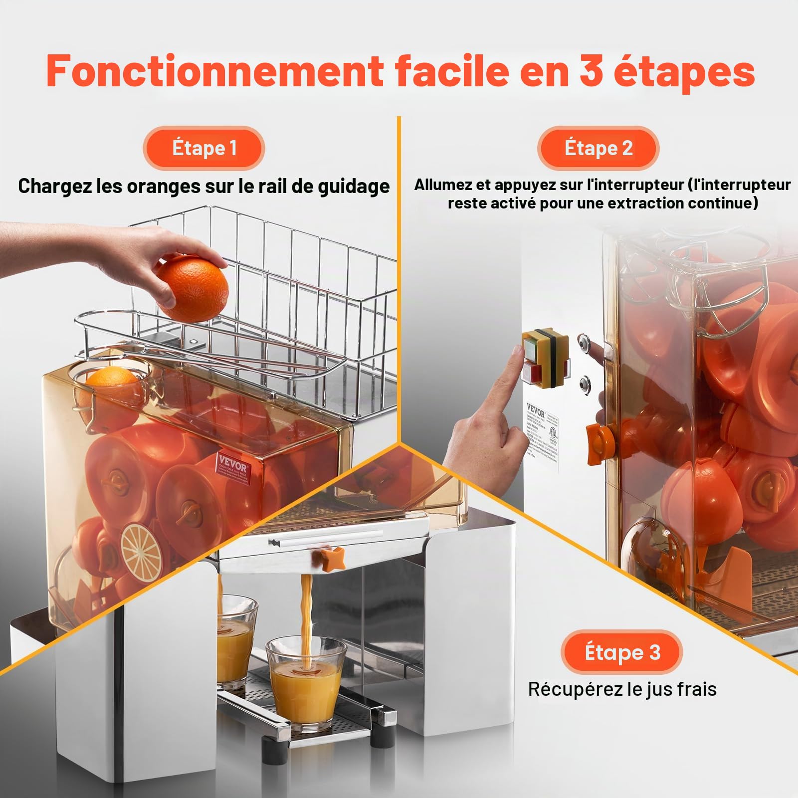 VEVOR Presse-Agrumes Électrique Commercial 120 W Extracteur de Jus Alimentation Automatique avec Filtre Extractible et Seau de Collecte d'Épluchure pour Orange Pamplemousse Restaurant Café Fruiterie