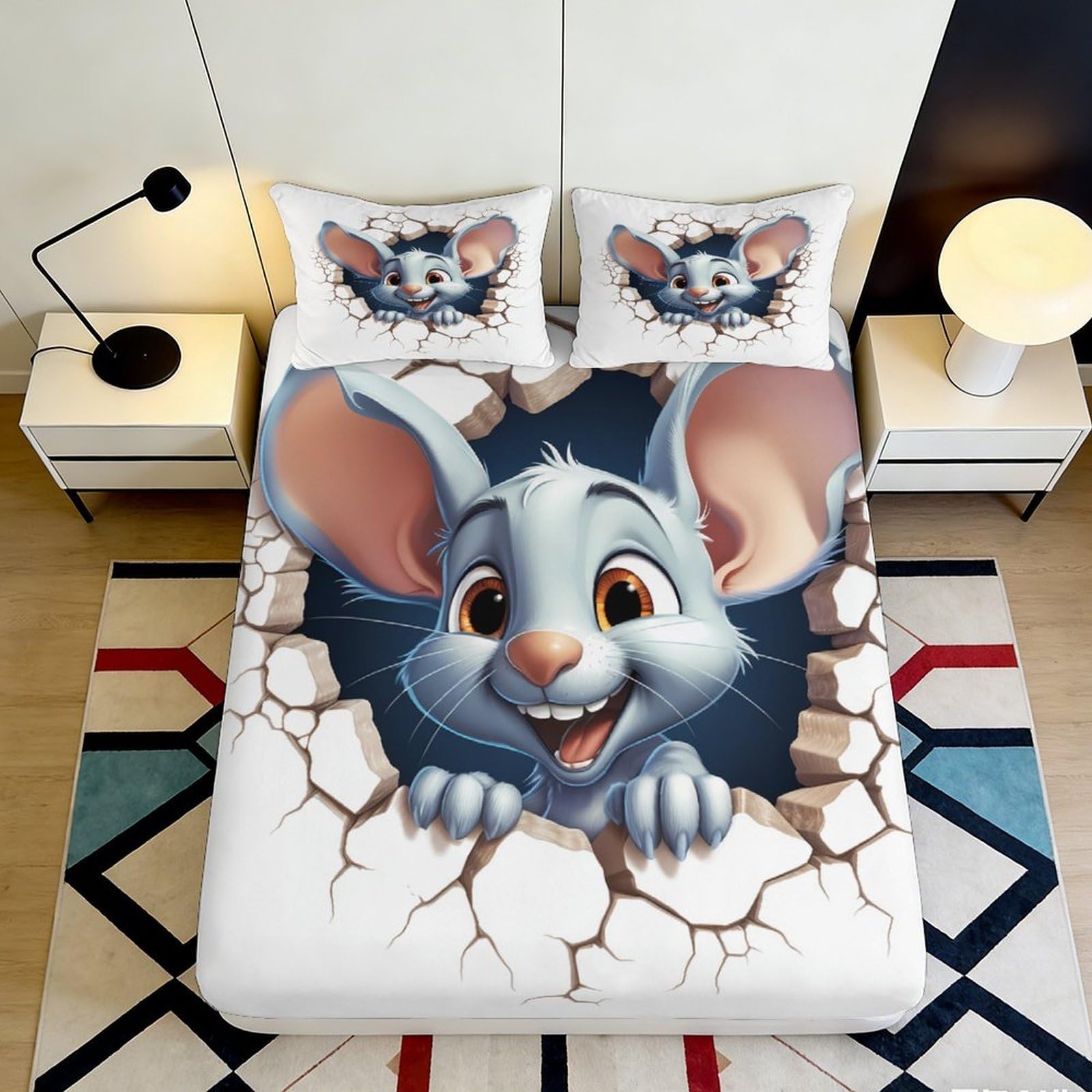 3D Printed Cartoon Mouse Fitted Sheet Microfiber Deep Pocket Full Wrap Bedding for Teen Adult Cartoon Mouse Mattress Fitted Cover 180x200x25cm