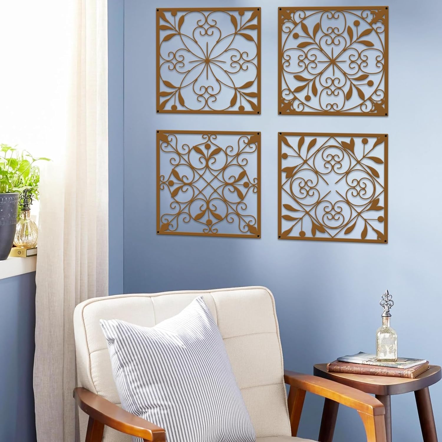 Resama 4 Pieces Rustic Wall Decor Farmhouse Wall Decor for Living Room Metal Hollow Carved Design Metal Decorative for Home Bedroom Kitchen Office (Brownish Orange,Square)