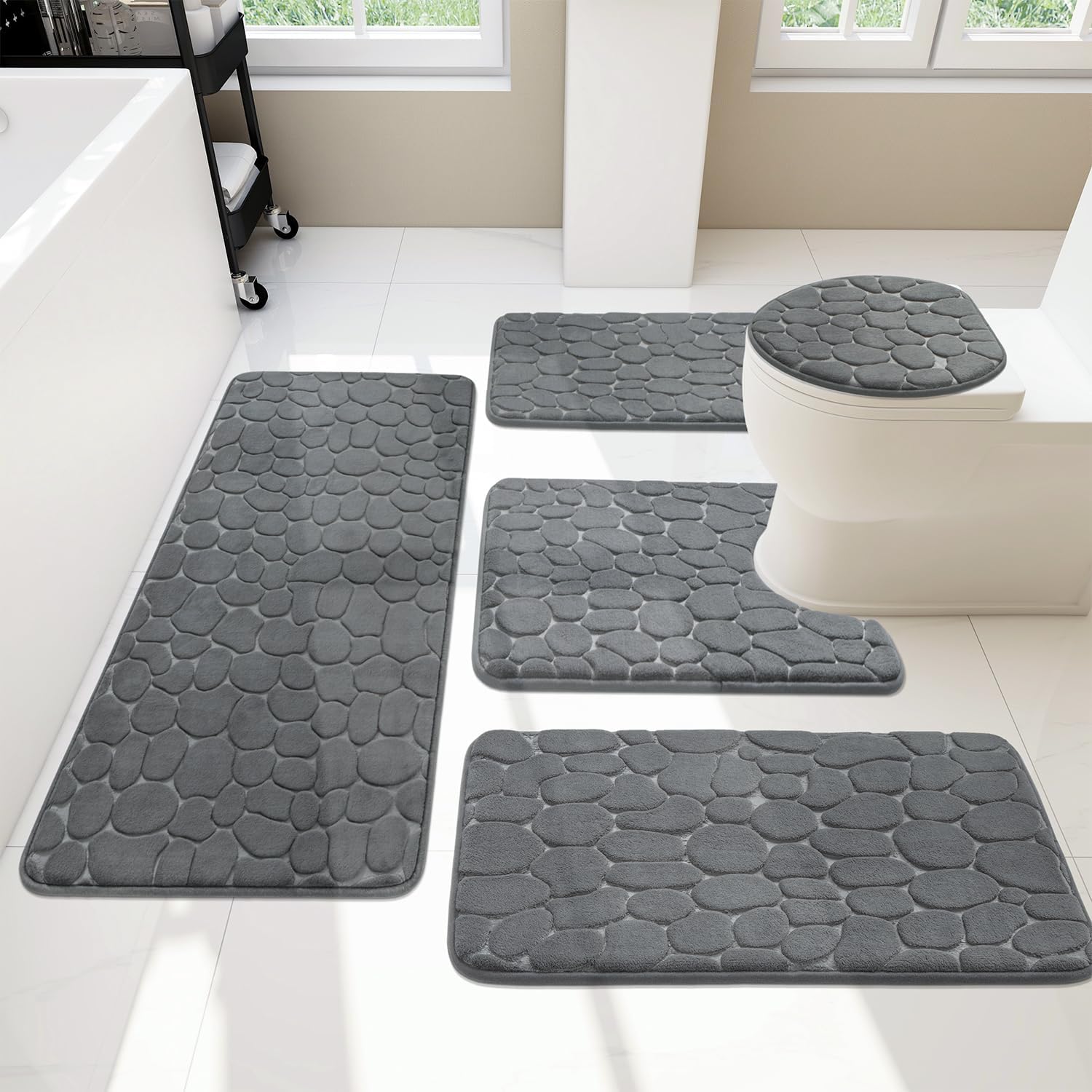 YIHOUSE Bathroom Rugs Mat Set 5 Piece Dark Grey Memory Foam Bath Mats Sets Non Slip Water Absorbent
